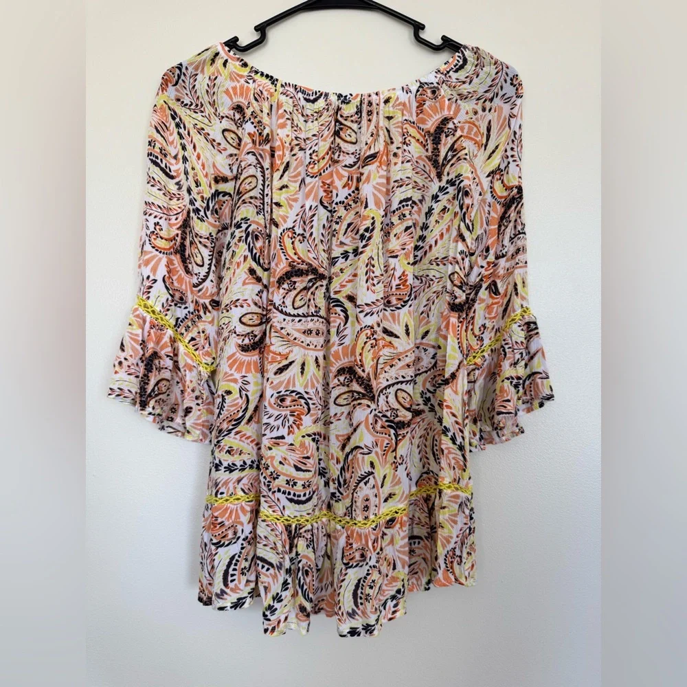 Fever Paisley Blouse Sz M Sulpher Yellow Multicolor On Off Shoulder Top Boho EUC - Picture 2 of 6
